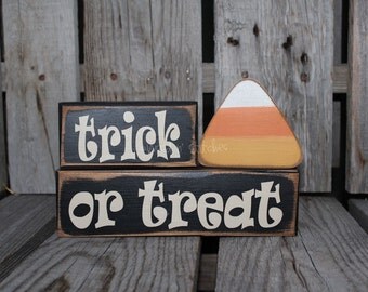 Trick or Treat  Wood BLock Set and Candy Corn fall autumn halloween candy corn primitive home seasonal decor