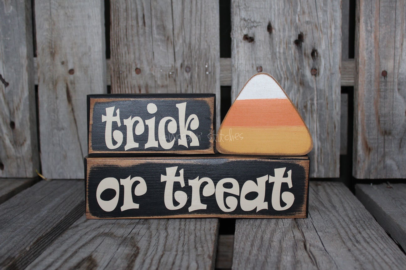 Trick or Treat Wood BLock Set and Candy Corn fall autumn halloween candy corn primitive home seasonal decor