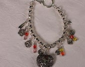 Charm Bracelet - silver linked bracelet, pewter charms, czech glass beads, 7 inches
