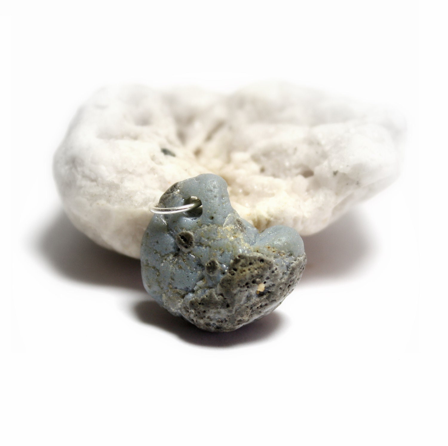 Sea blue Slag Glass, Heart Shape, Sterling Silver Jewelry- Drilled Bluestone Pendant- Seaglass Bead