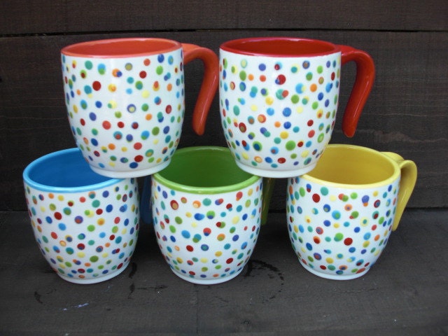 Awesome Dots Ceramic Cappuccino Mug - Bright Rainbow Colors - Open Handle - Last Ones