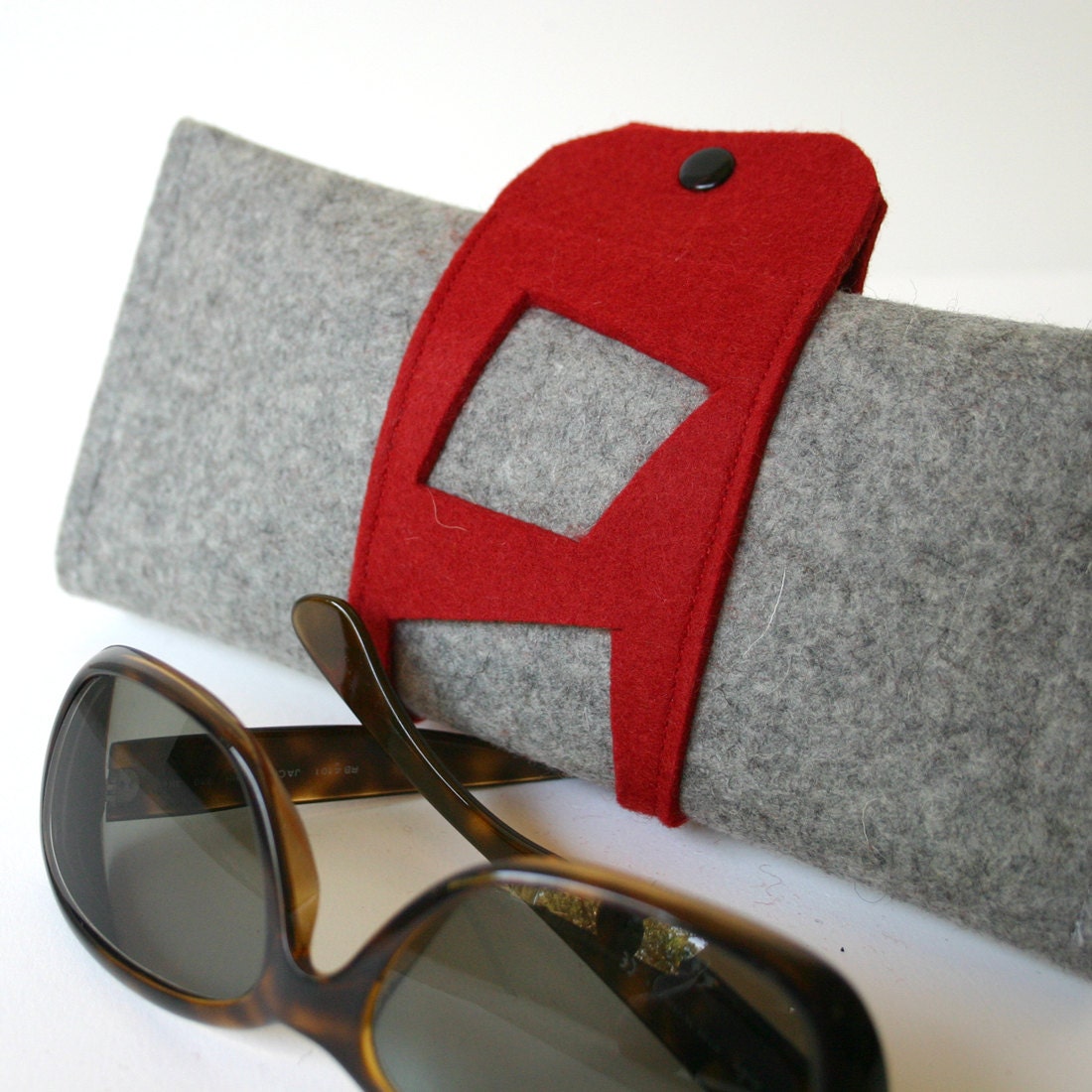 Felt Wallet or Eyeglass Case in Gray and Red Merino Wool