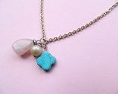 Silver Charm Necklace, Rose Quartz  Turquoise and pearl charm, pendant necklace