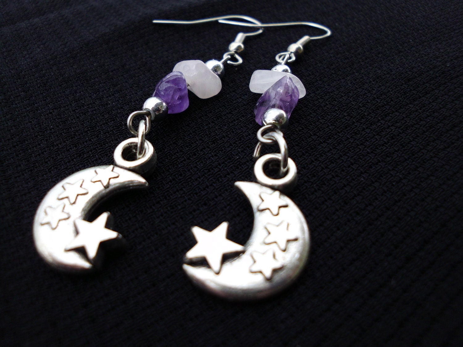 Amethyst and Rose Quartz Wire Wrapped Sun Moon and Stars Earrings