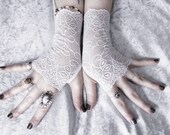 Vanya Lace Fingerless Gloves - Snow White Floral Paisley Scroll - Wedding Gothic Burlesque Belly Dance Fetish Goth Bridesmaid Bridal Mori