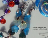 Feminine Sky Blue Flower with Pearls Wire Wrapped Earrings Green Glass and Moonbeam Crystals