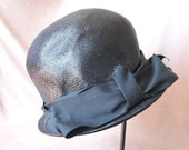 Vintage Cloche Hat, Black Woven Straw, 20's or 30's Style, Small, Gatsby, Boardwalk Empire, Flapper, Depression Era Style