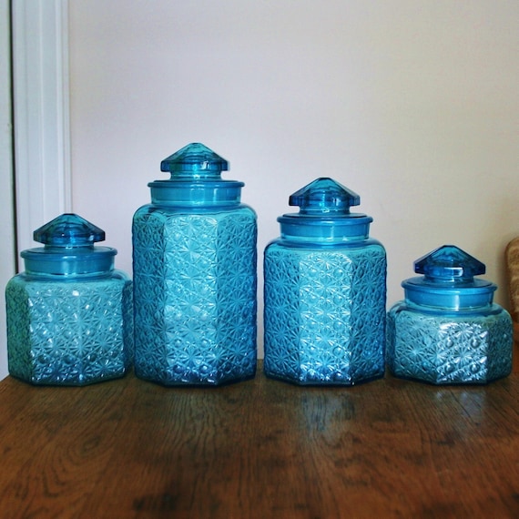 Beautiful Vintage Blue Glass Canister Set Daisy by sariloaf