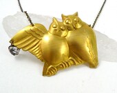 Owl Love Necklace, Vintage Golden Brass Owl and Glass Heart Necklace, Back to School, Fall Fashion, Handmade Jewelry