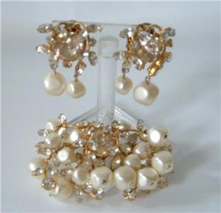 50s Rhinestone Pearl Pendant Crystal And Faux Baroque Pearl Pendant Vines Leaves Vintage