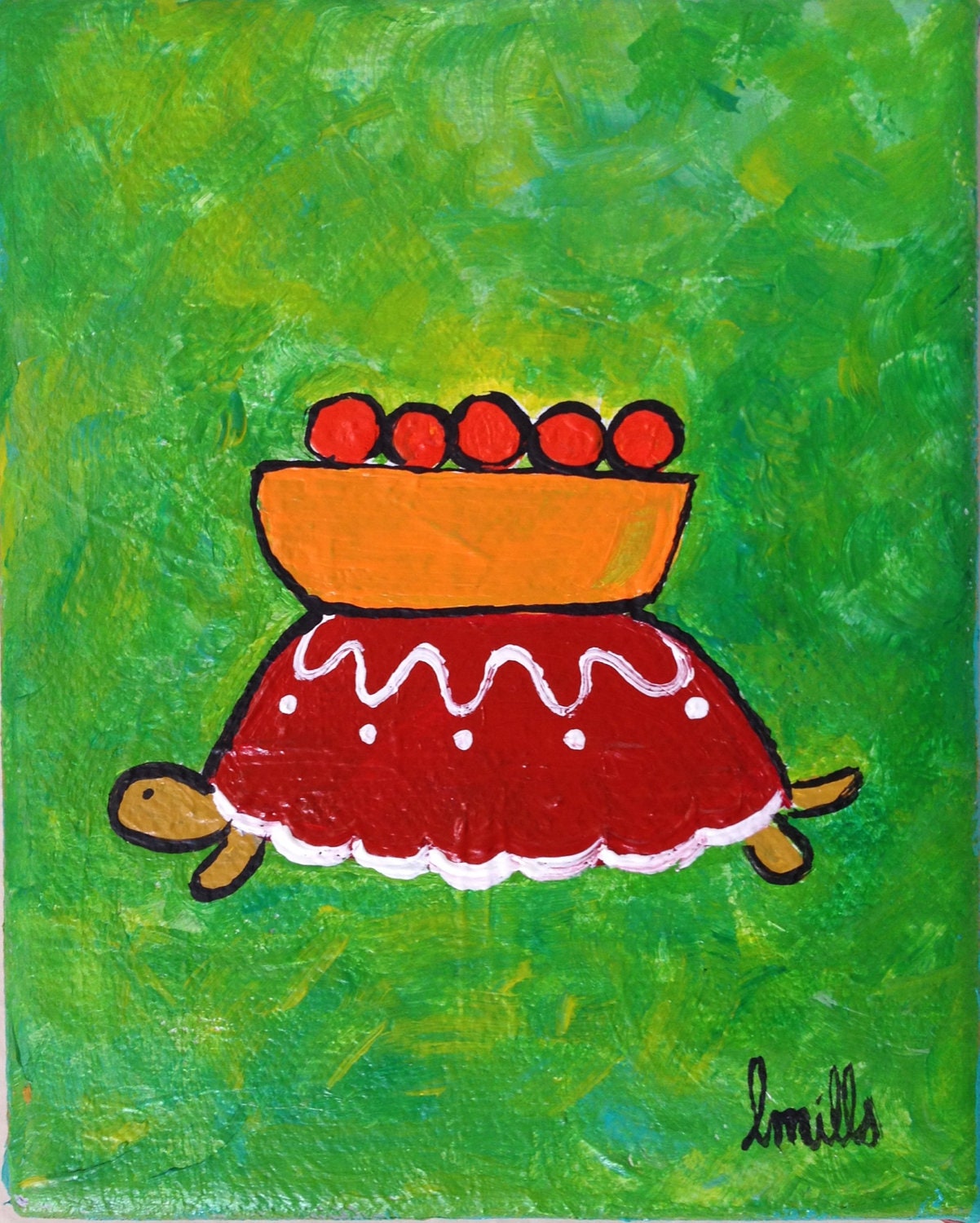 3x5" Slowly Bearing Fruit (Folk Art Turtle and Oranges) small original canvas painting