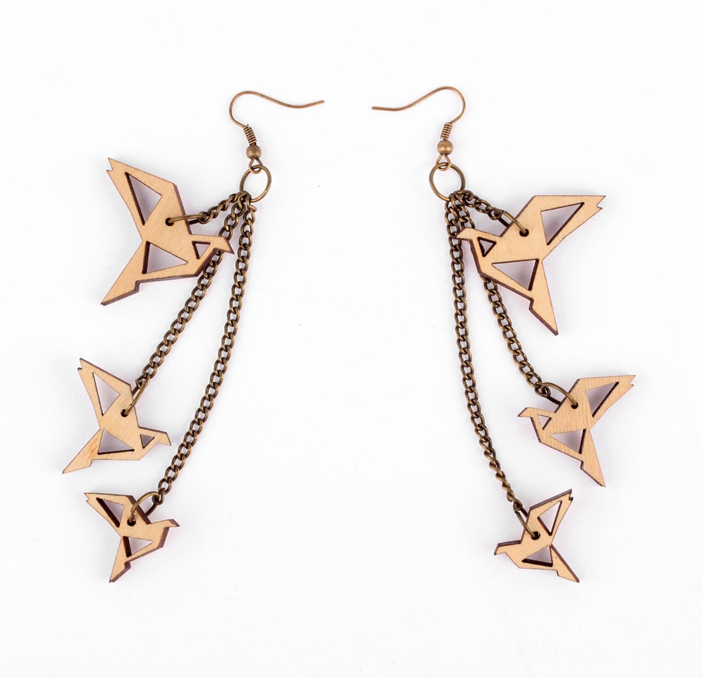 Origami birds earrings. laser cut wood.