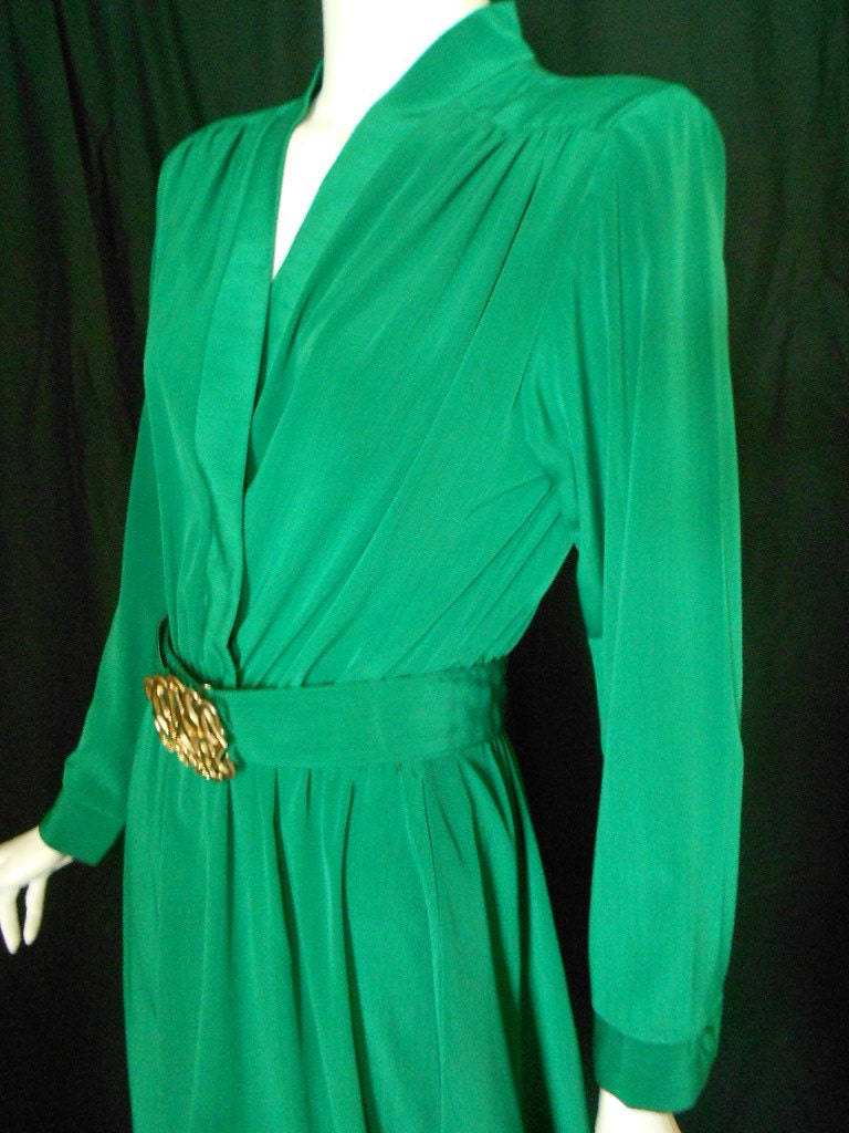 Vintage Emerald Green Disco Dress Gold Clasp Med Large 1970s 1980s
