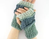 knit fingerless gloves soft arm warmers fingerless mittens blue light grey verdigris women men rustic unisex  tagt curationnation