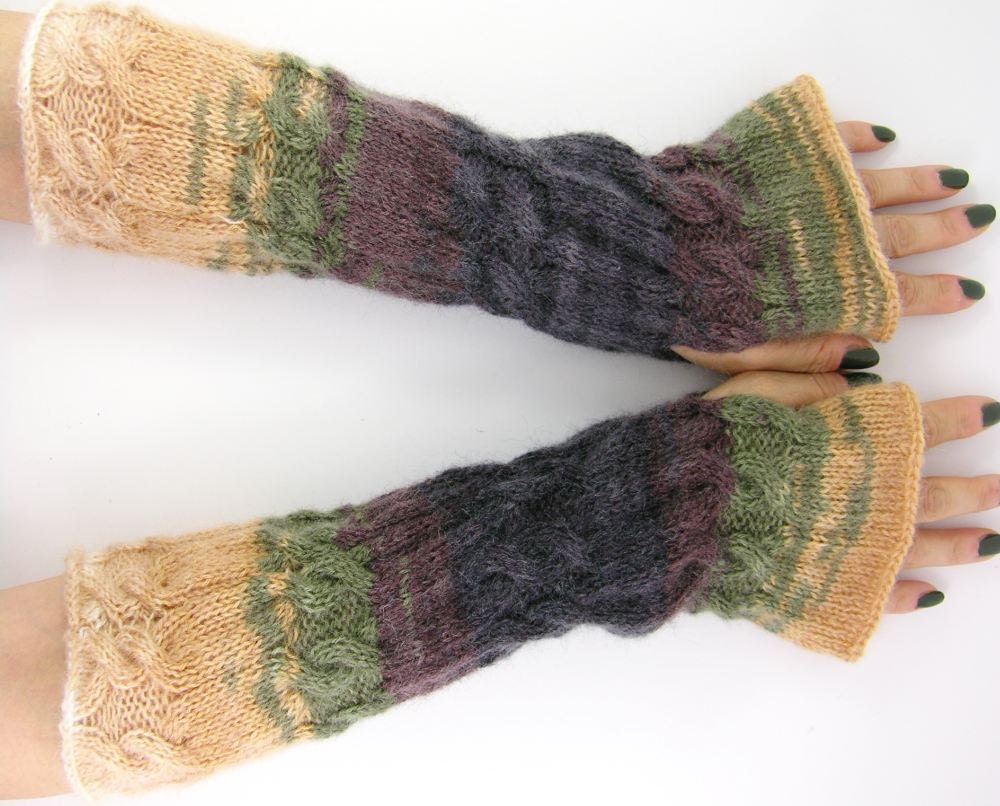 long knit fingerless gloves arm warmers women mittens Cable knit light brown olive eggplant fall fashion tagt team