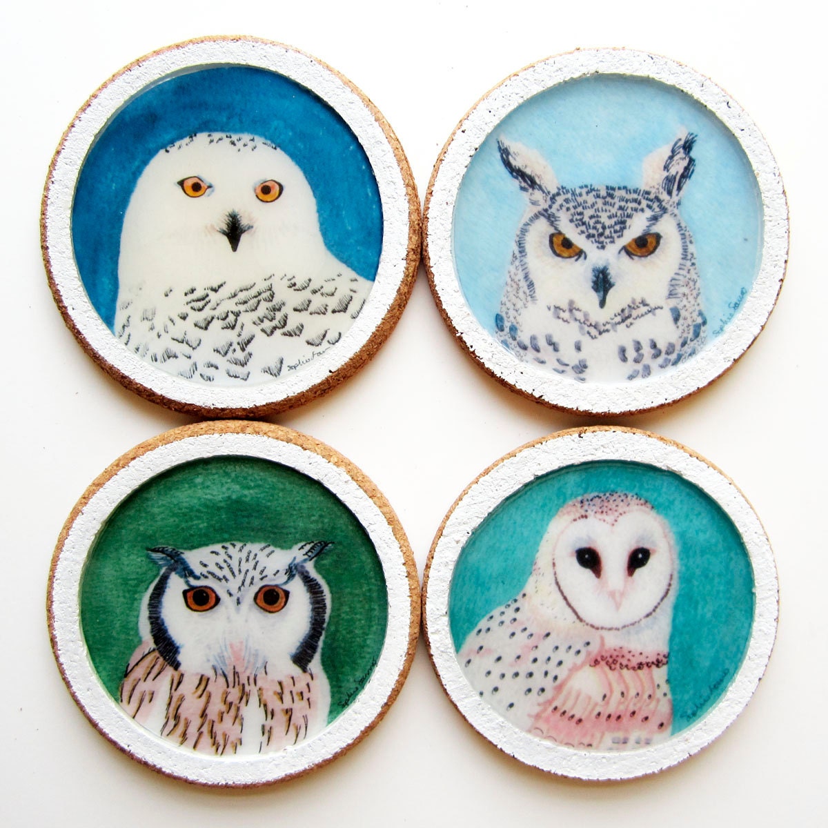 SALE - Wild Hoots - Cork Coasters from Original Artwork - Set of 4 Owls (barn, snowy, great horned, long eared)