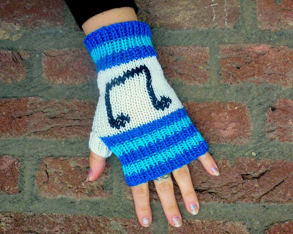 Music Note Fingerless Gloves, DJ Pon-3, Vinyl Scratch, Hand Knit Gloves - Blue, Turquoise, White, Black