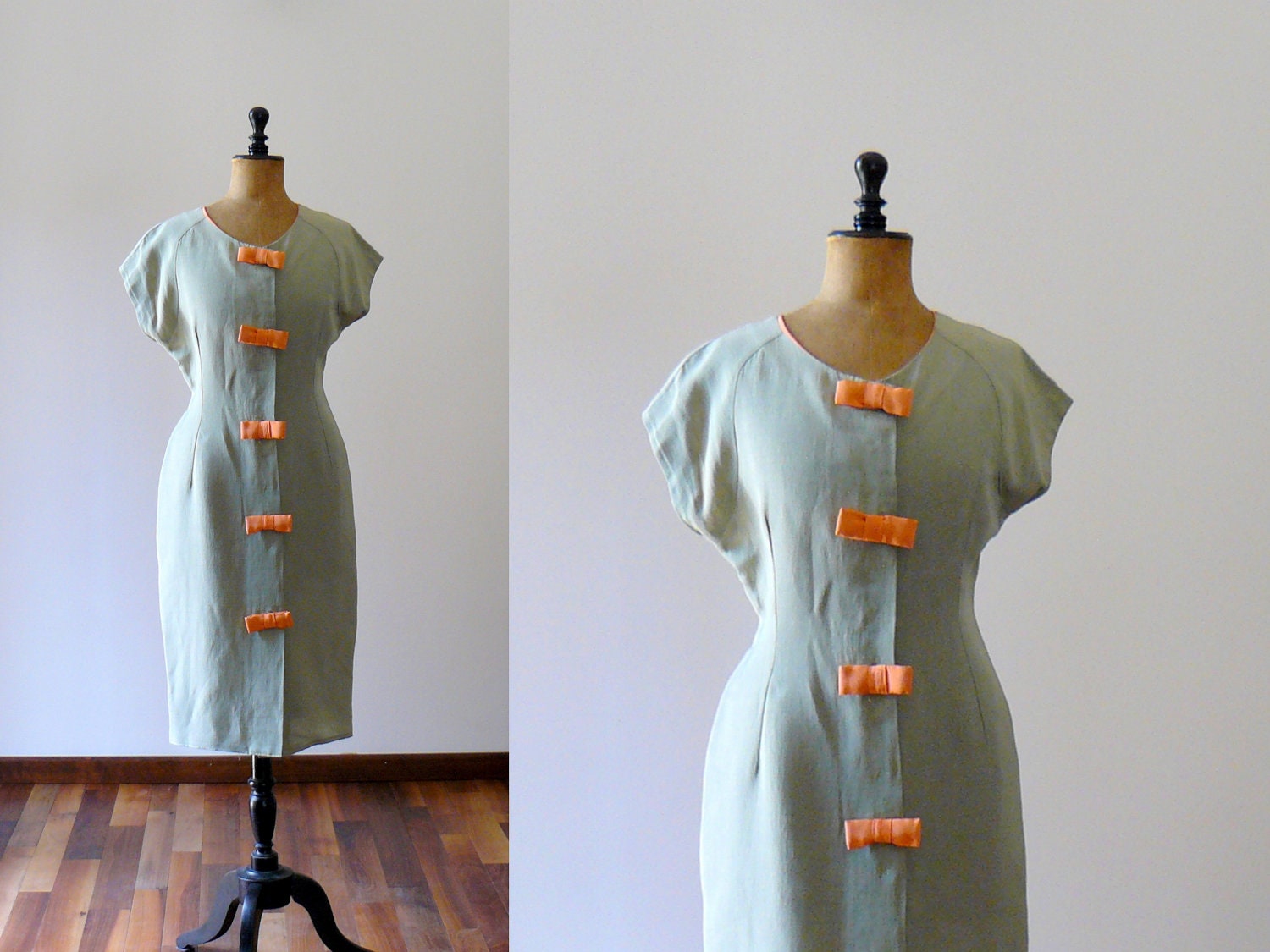 Vintage 1950s sage wiggle dress with orange bows