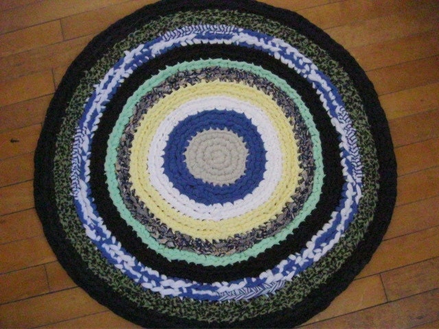 On Sale Crochet Round Rug in upcycled blue and green