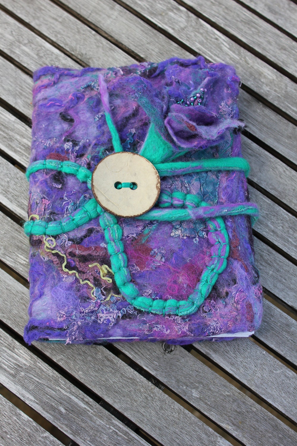 Nuno felted wool silk removable journal notebook diary sketch book cover - purple jade turquoise - Mothers Day gift for her OOAK