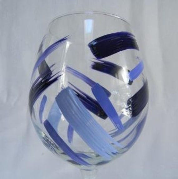Wine glass hand painted with blue stripes