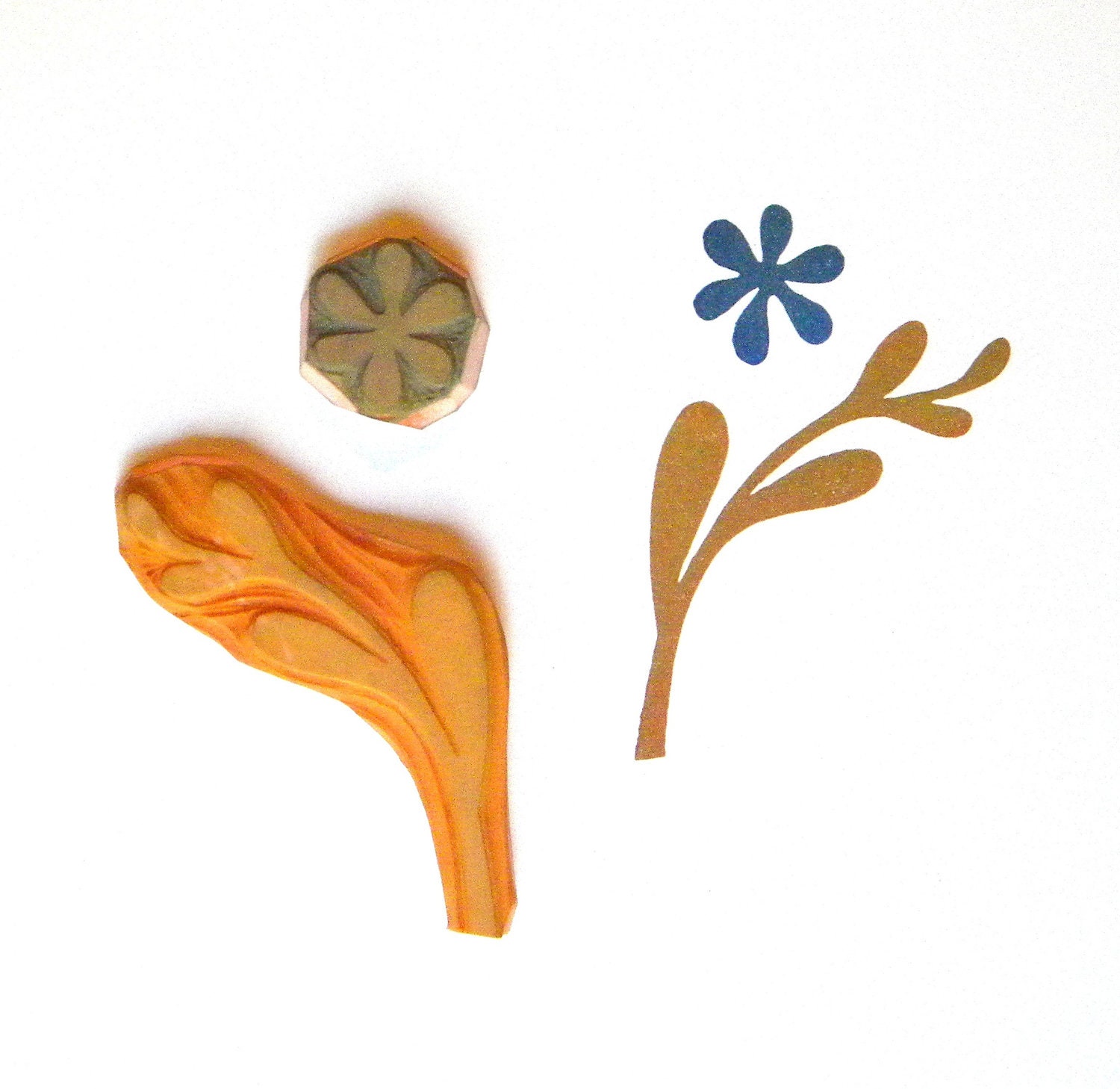 Set of 2 rubber stamps hand carved floral folk art