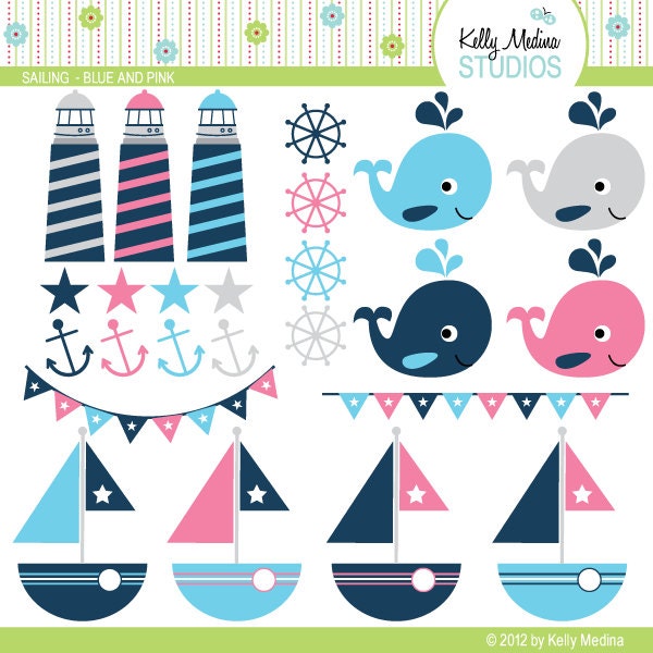 Sailing - Navy Blue and Pink - Clip Art Set - Digital Elements Commercial use for Cards, Stationery and Paper Crafts and Products