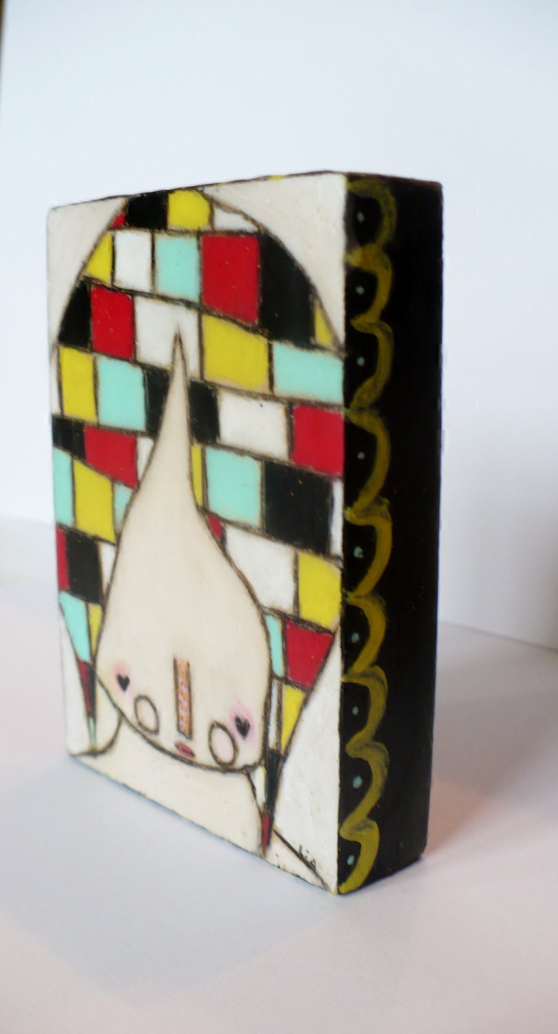 Untitled mixed media painting squares ACEO art bees wax wall red yellow girl art