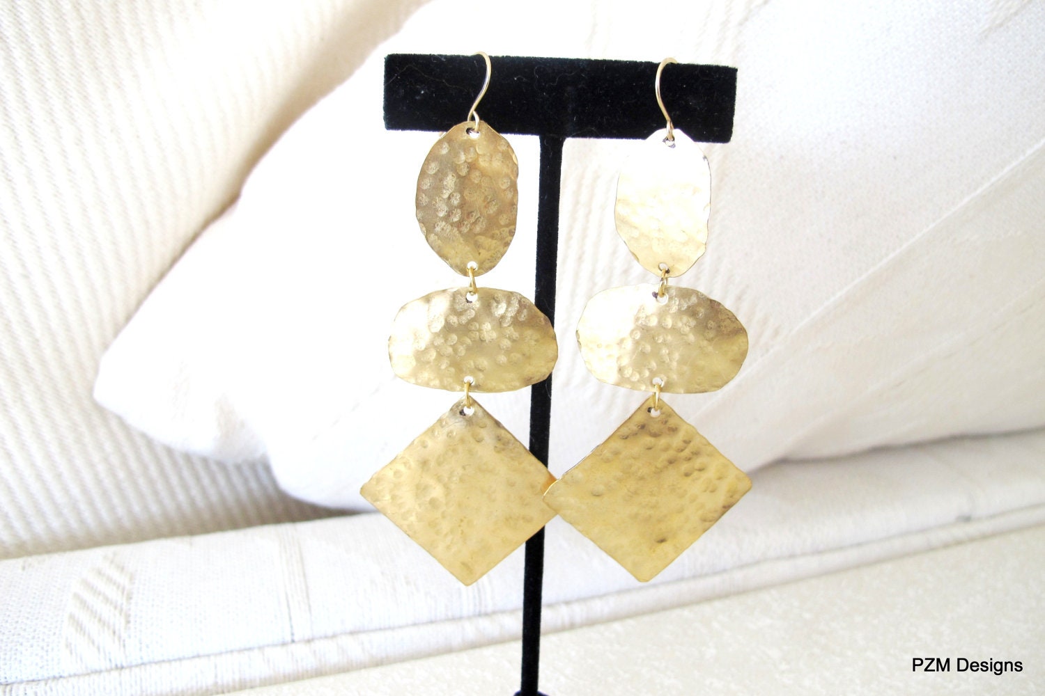 Artisan hammered earrings, long dangle brass earrings, modern metal jewelry
