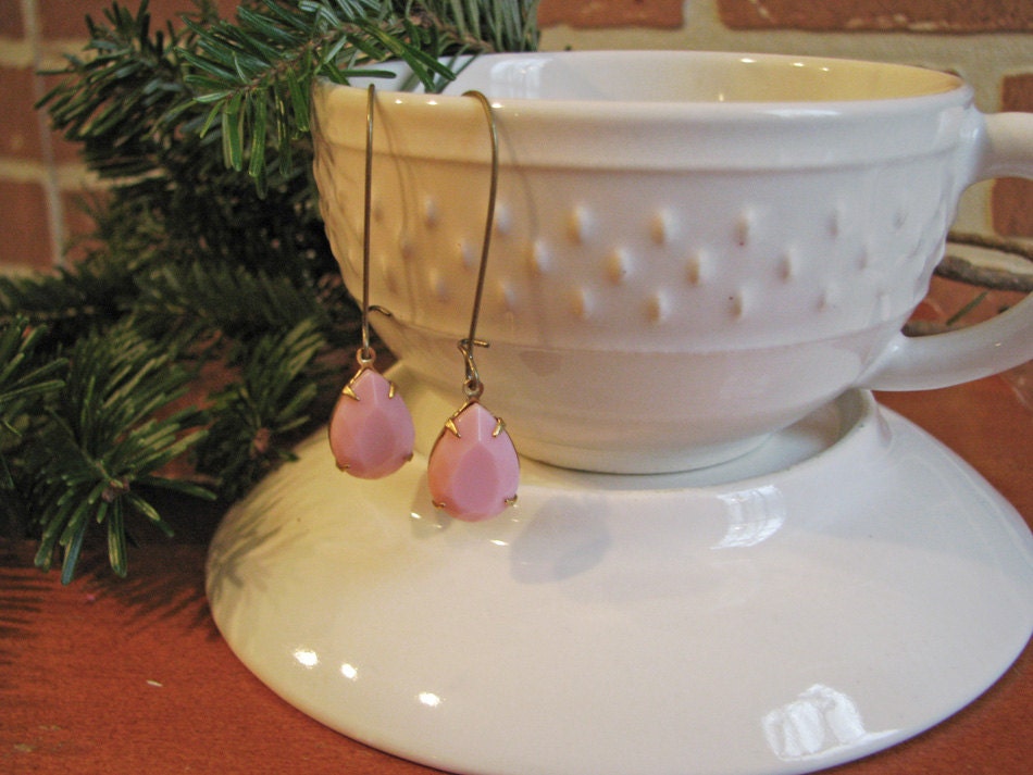 FREE SHIPPING - Two or more items - Dream Earrings - Antiqued brass, vintage pale pink faceted opaque glass