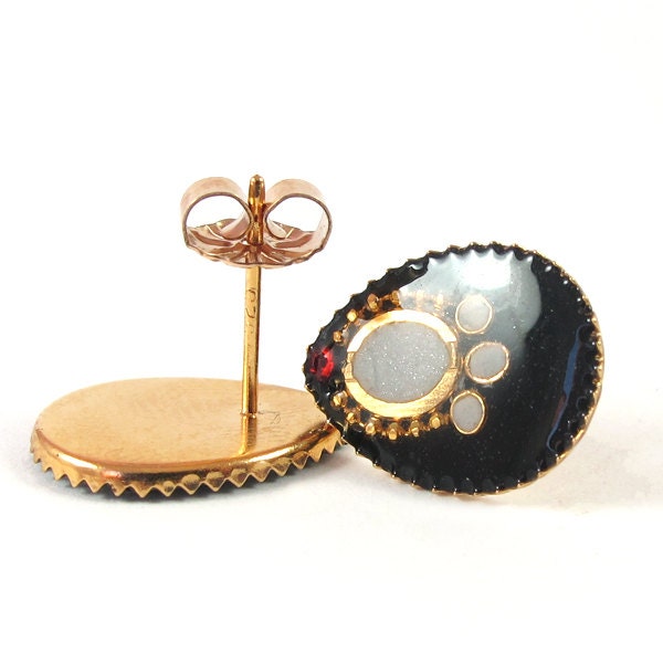 Black studs earrings, Gold drop post Earrings -- black and white resin, sterling silver post, Swarovski crystal, Onyx color