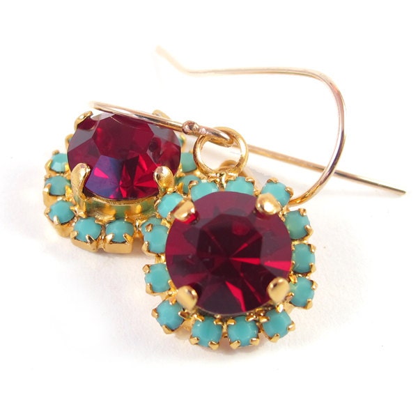 Red crystal dangle earring, turquoise & red earrings, 14k plated earrings, 14k gold filled ear wire, real swarovski rhinestones