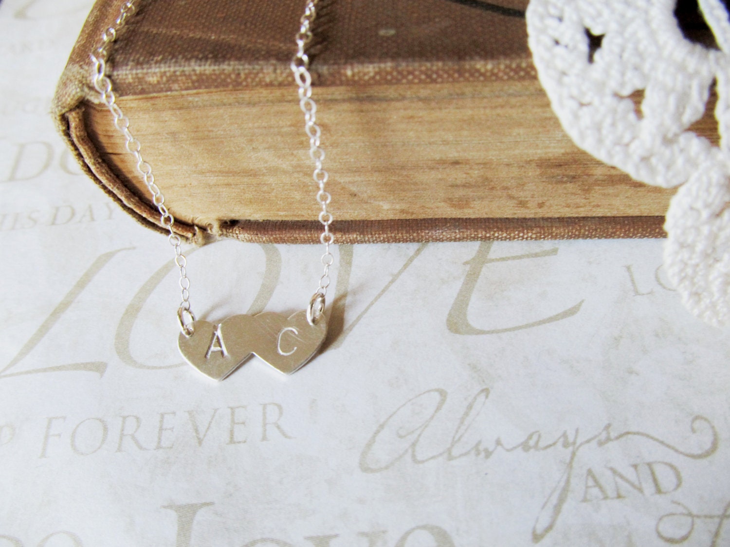 TRUE LOVE personalized hand stamped double heart initial necklace (silver) bridal shower gift aniversary