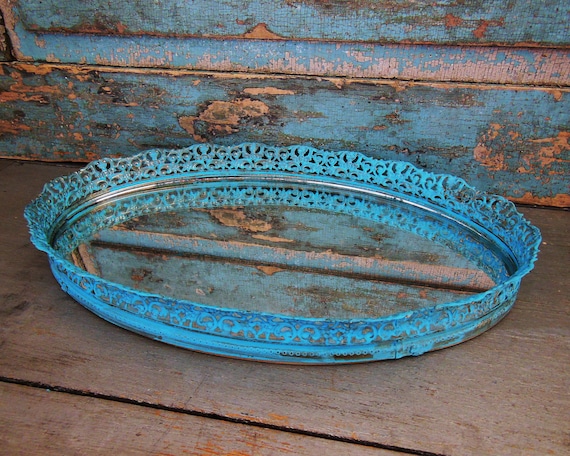 Filigree Vanity Mirror Tray Turquoise Blue Verdigris