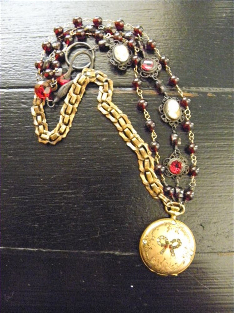 LOCKET OF LOVE - Wonderful Necklace with Paste Locket, Garnets, Cameos, and Antique Pocket Watch Chain