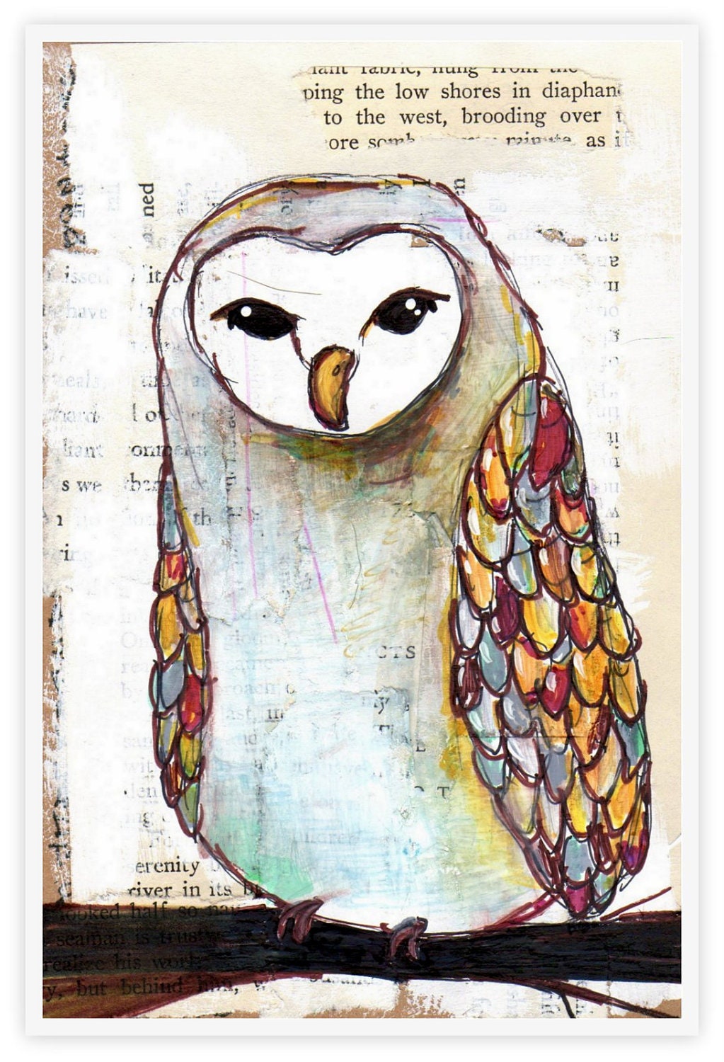 barn owl poster print - giant size-   poster in 11x17 poster print - colorful feathers and serious owl - reproduction