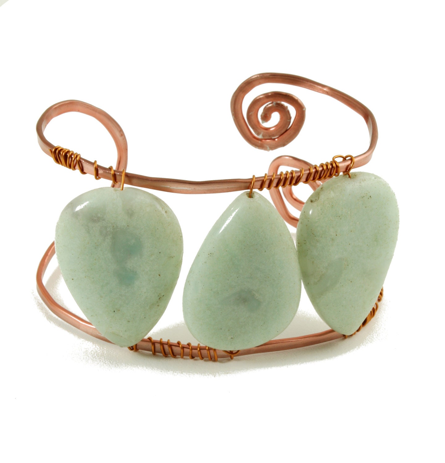 Copper and Aqua Amazonite Stone Cuff Bracelet, Bohemian, Eclectic, Chunky, Ancient Brook
