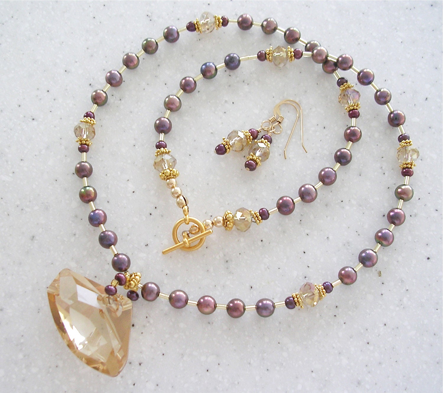 Light Topaz, Pearls and Gold Necklace and Earrings