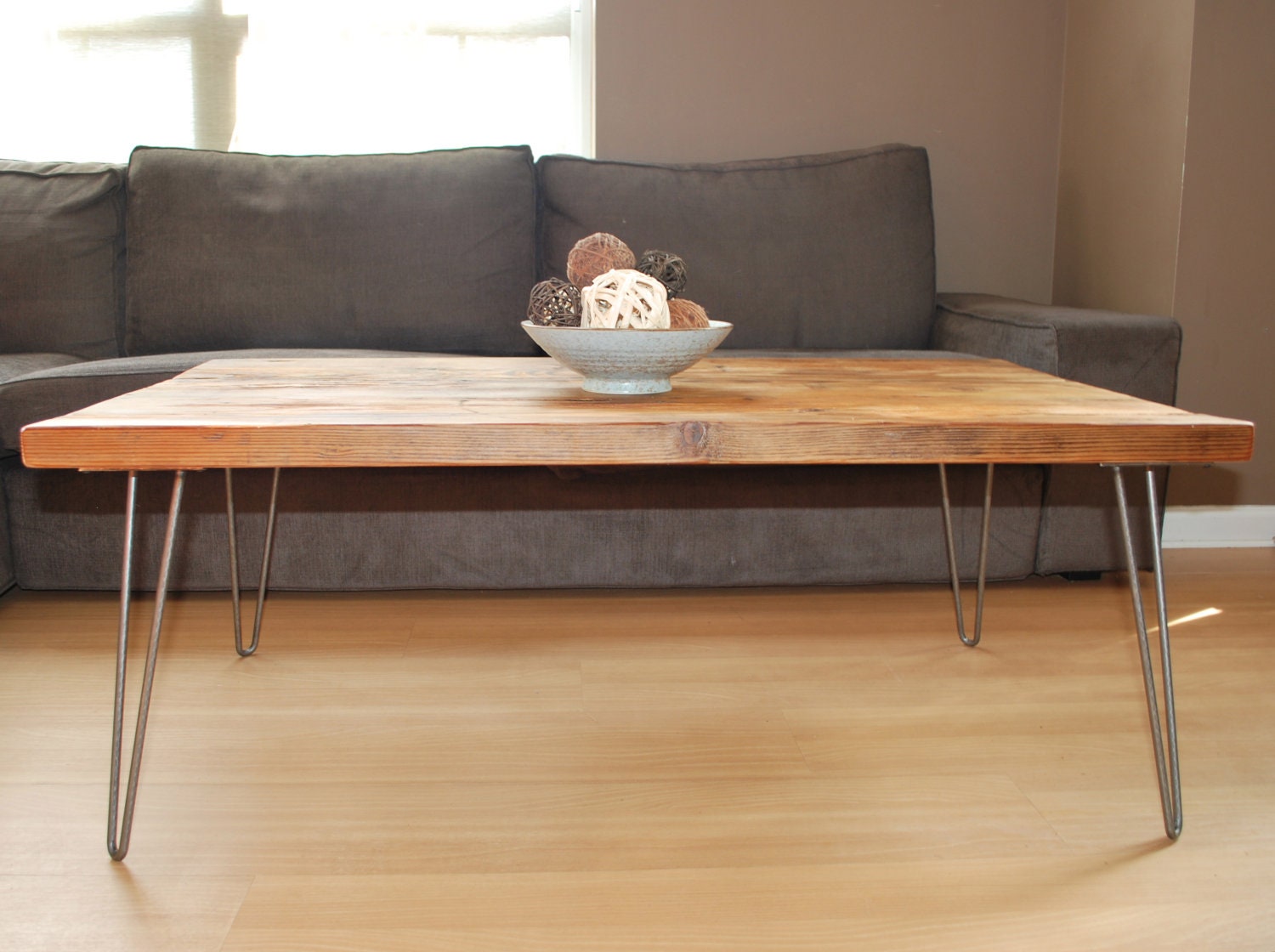 Wood Coffee table with mid century hairpin legs made of reclaimed wood, Standard 1.65" top 18" tall x 48" L x 20" w