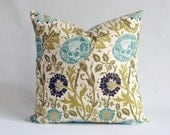 Designer Pillow Cover in Mingei Aqua Floral - 18x18 or 20x20 inch - (Aqua Blue, Olive Green, Chocolate Brown on Cream)