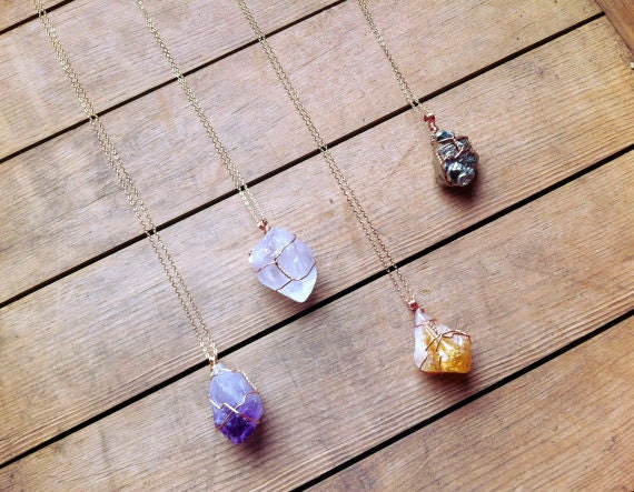 Raw Mineral Pendant Necklace / Amethyst, Quartz, Citrine or Pyrite Nugget / Summer Trends