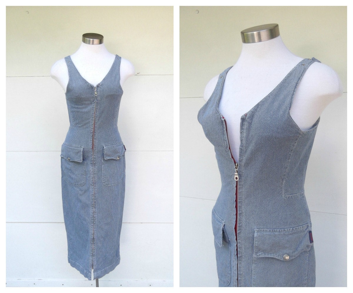 Vintage Guess Jumper Dress Denim Engineer Stripes Bodycon Front Zipper