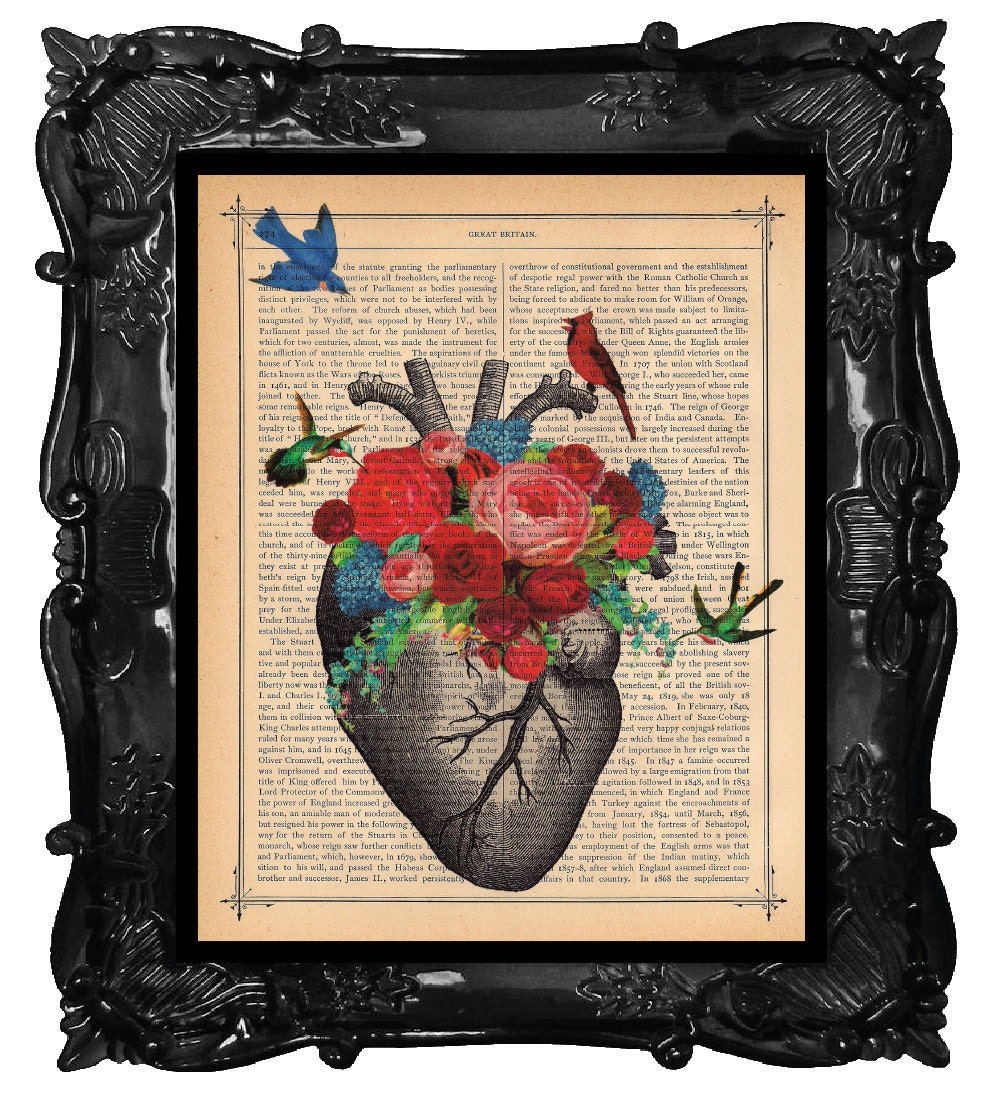 Love Blossom Heart Art Print Birds Cardinal Flowers Art Heart Anatomy art antique book page wedding dictionary print
