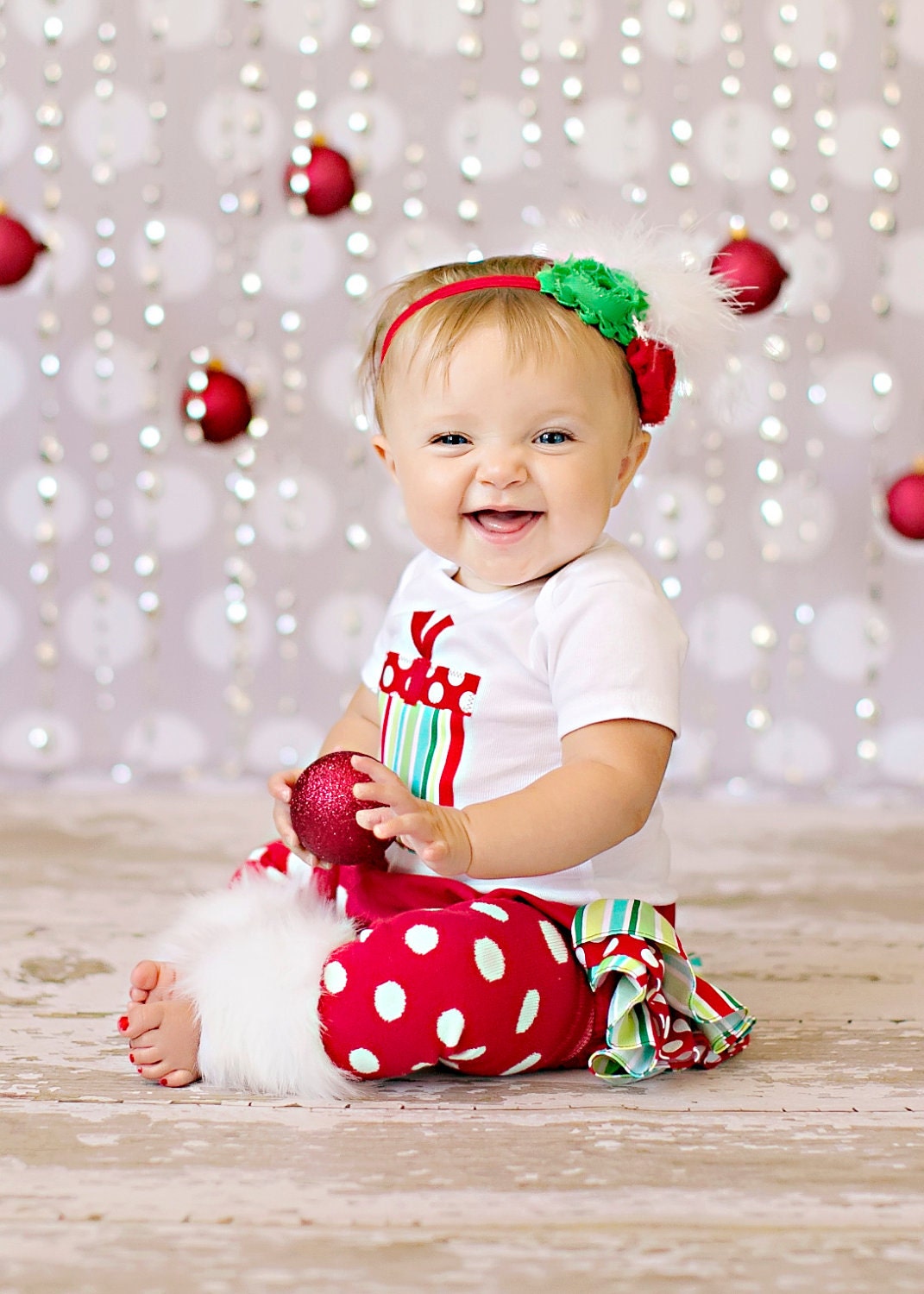 LONG SLEEVE Christmas white red and green striped and polka dot present onesie ruffle bloomers diaper cover w/matching shabby chiffon