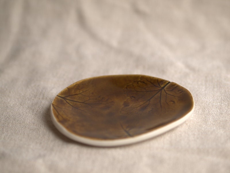 Fossil - A rustic trinket dish with an impression of a Coral Bell leaves.