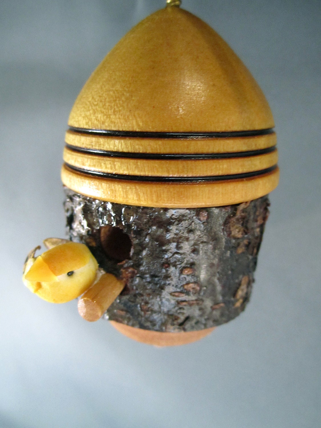 Rustic birdhouse Christmas tree ornament ornament bird holday  Minature bark yellow bird