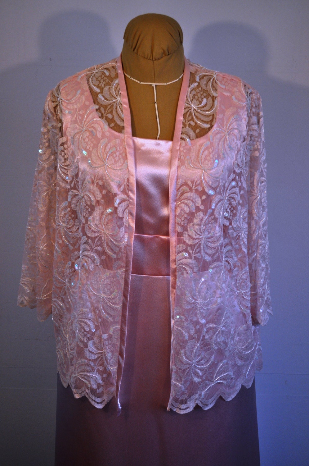 Jacket dress floor length satin and beaded lace  Made to Order Custom