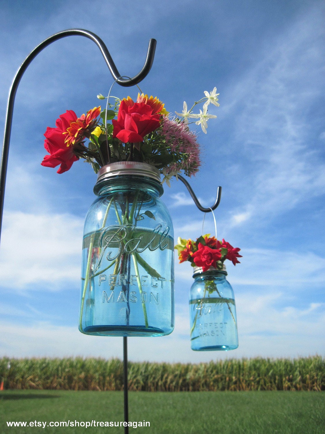 2 Hanging Mason Jars Vases with Flower Frog Lids, Wedding Mason Jars, Ball Hanging Lanterns, 2 Blue Antique Canning Flower Jars, Home Decor