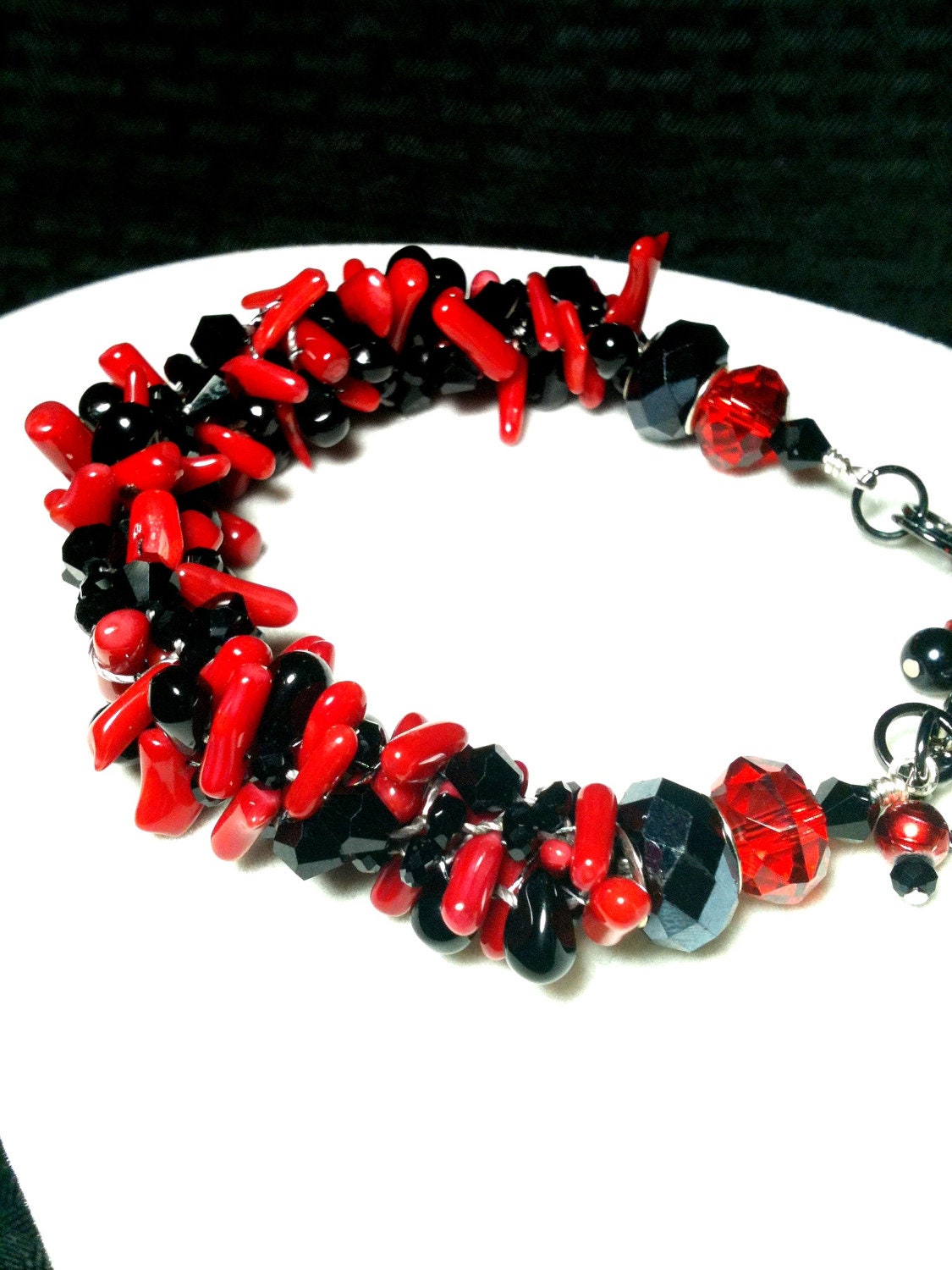 Red Coral, Black Rondelles and Drops Kumihimo Bracelet by 2CarasCreations