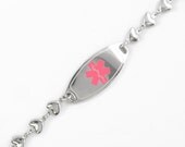 Custom Womens Pink Medical ID Bracelet, HEART CHAIN, Engraved Free - i1C-BS6